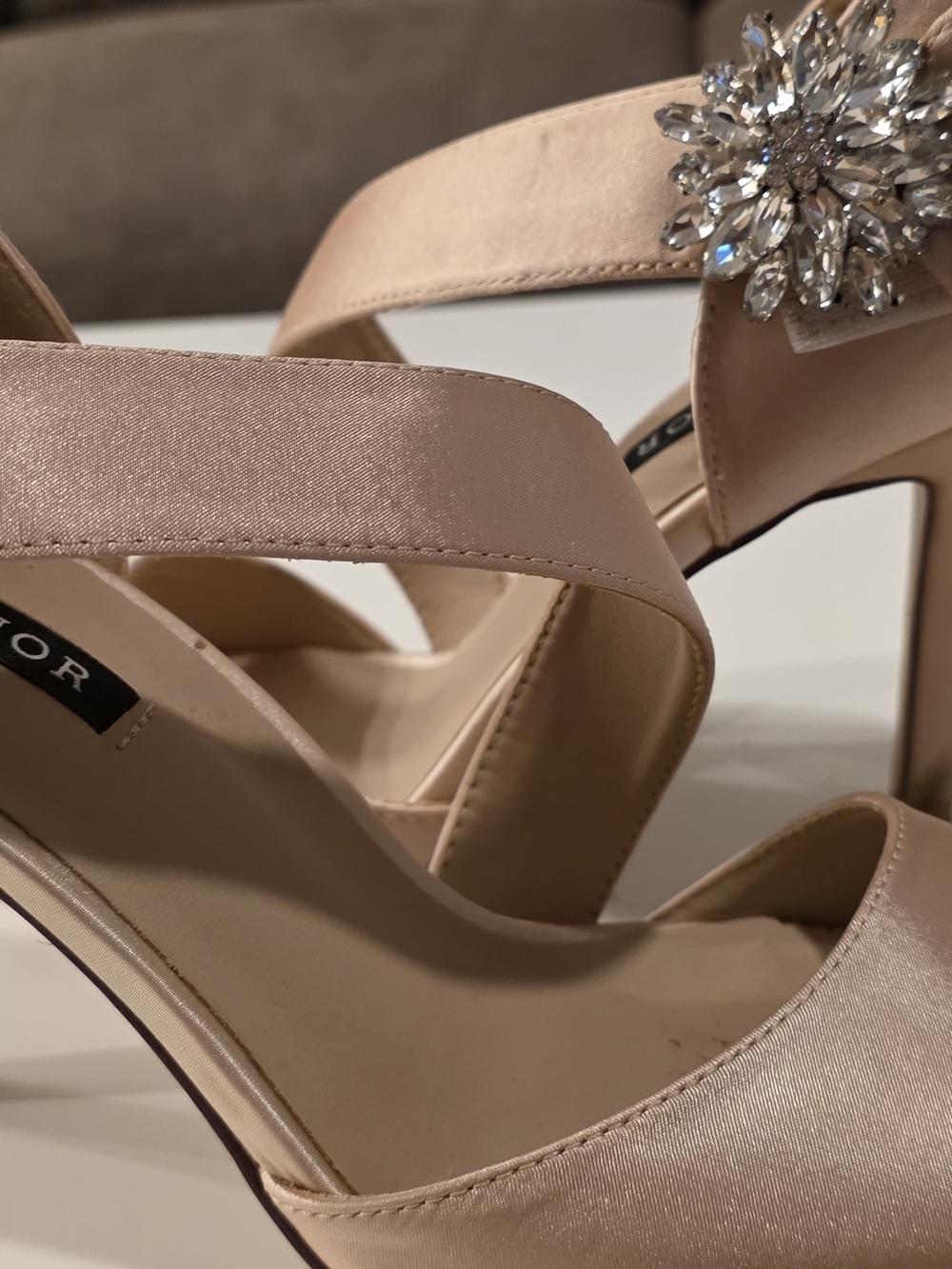 Nude Satin Heeled Sandals with Crystal Brooch Accent